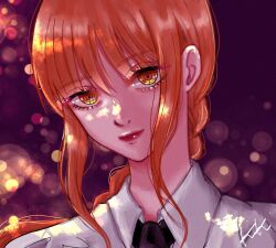 1girl black_necktie blunt_bangs braid braided_ponytail chainsaw_man collared_shirt commentary_request eyelashes hair_between_eyes light_smile makima_(chainsaw_man) necktie orange_hair purple_background red_lips ringed_eyes sail_ofhope shirt sidelocks signature solo upper_body white_shirt