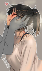 1girl artist_name bite_mark bite_mark_on_neck black_hair closed_eyes ergot facing_another from_side grey_background heart long_sleeves original ponytail shirt simple_background solo_focus tina_(ergot) upper_body white_shirt