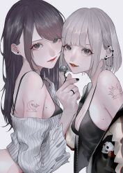 Rule 34 | 2girls, aegyo sal, barbell piercing, bare shoulders, black bra, black camisole, black eyes, black jacket, black nails, bra, breasts, brown hair, camisole, candy, cleavage, closed mouth, commentary request, crescent tattoo, cropped sweater, ear chain, ear piercing, earrings, eyelashes, eyeliner, flower ring, food, from side, glitter makeup, grey background, grey hair, grey sweater, heads together, highres, holding, holding candy, holding food, holding lollipop, jacket, jacket partially removed, jewelry, letterman jacket, linked piercing, lipstick, lollipop, long hair, long sleeves, looking at viewer, makeup, mano aaa, medium breasts, mole, mole on breast, multiple girls, nail polish, off-shoulder sweater, off shoulder, original, parted lips, piercing, red lips, short hair, shoulder tattoo, simple background, single sidelock, stud earrings, sun symbol, sun tattoo, sweater, swept bangs, tan, tattoo, torn clothes, torn sweater, underwear, upper body, whale tattoo, yuri, zipper