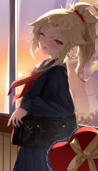 1girl absurdres alternate_costume bag blonde_hair blue_bag blue_shirt blue_skirt blush commentary_request contemporary fate/grand_order fate_(series) feibai green_eyes highres long_sleeves looking_at_viewer mordred_(fate) neckerchief one_eye_closed pleated_skirt ponytail red_neckerchief reflection school_bag school_uniform serafuku shirt skirt tongue tongue_out valentine window