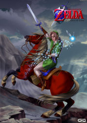 1boy absurdres brown_hair epona fairy fine_art_parody ggg_(gonzalogallianoniz) highres horse hylian_shield instrument light_particles link master_sword napoleon_crossing_the_alps navi nintendo ocarina parody riding shield shield_on_back sword the_legend_of_zelda the_legend_of_zelda:_ocarina_of_time weapon