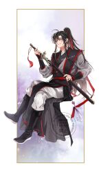 Rule 34 | 1boy, absurdres, ahoge, bishounen, black boots, black hair, black hanfu, boots, border, chinese clothes, closed mouth, crossed legs, full body, hair between eyes, hair ribbon, hanfu, highres, holding, holding sword, holding weapon, invisible chair, jian (weapon), long hair, long sleeves, looking at viewer, male focus, mg ms dayo, modao zushi, pants, ponytail, purple eyes, red ribbon, ribbon, sash, sheath, sheathed, sidelocks, sitting, smile, solo, sword, sword tassel, tassel, tunic, twitter username, very long hair, watermark, weapon, wei wuxian, white pants, yaopei