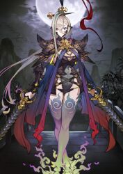 1girl arm_armor armor arms_at_sides black_armor blue_cape boobplate breastplate breasts cape chinese_clothes cleavage cleavage_cutout closed_mouth clothing_cutout clothing_request crossed_bangs crossed_legs detached_sleeves dual_wielding expressionless fate/grand_order fate_(series) feet_out_of_frame fire flaming_foot floating_hair full_moon game_cg gradient_hair gradient_thighhighs green_fire green_thighhighs grey_leotard grey_sleeves groin hair_between_eyes high_collar highleg highleg_leotard holding holding_weapon huyan_zhuo_(fate) huyan_zhuo_(third_ascension)_(fate) large_breasts leotard long_hair long_sleeves looking_at_viewer moon multicolored_hair official_art ponytail purple_eyes red_cape shoulder_armor sideboob solo standing strapless strapless_leotard streaked_hair thighhighs third-party_source toridamono variant_set very_long_hair weapon white_hair