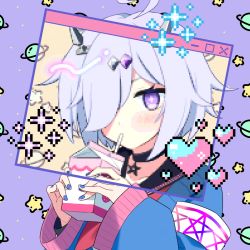 1girl blue_hair blush carton drinking heart highres jacket kashii_kaoru looking_at_viewer mahjong_soul pixel_art purple_background purple_eyes short_hair solo sparkle star_(symbol) strawberry_milk suzumiya_anju