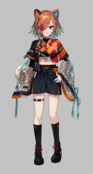 1girl :3 animal_ears aqua_eyes aqua_hair black_shoes black_shorts black_socks bone_hair_ornament brown_hair colored_inner_hair cropped dog_ears dog_girl dog_tail fangs full_body grey_background hair_ornament hair_over_one_eye hand_on_own_hip highres looking_at_viewer makihitsuji mismatched_animal_ears miyoshino_shiki multicolored_hair official_art paw_print prism_project shoelaces shoes shorts simple_background socks solo tail tassel third-party_source two-tone_hair virtual_youtuber x_hair_ornament