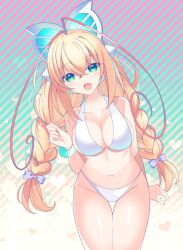 Rule 34 | 1girl, antenna hair, azure striker gunvolt, bikini, blonde hair, braid, braided pigtails, breasts, butterfly hair ornament, green eyes, hair ornament, highres, large breasts, lololotton, lumen (gunvolt), multicolored hair, pink hair, solo, swimsuit, tagme, twintails