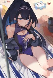 Rule 34 | 1girl, absurdres, arm support, beach, black hair, black jacket, blue eyes, blue hair, blue one-piece swimsuit, breasts, chain, chain headband, cleavage, cleavage cutout, closed mouth, clothing cutout, colored inner hair, commentary, crab, day, hair intakes, hand up, hashtag-only commentary, highres, hololive, hololive english, holonatsu paradise, hunk 404, jacket, kronie (ouro kronii), large breasts, long hair, long sleeves, looking at viewer, multicolored hair, off shoulder, official alternate costume, official alternate hairstyle, one-piece swimsuit, ouro kronii, ouro kronii (holonatsu paradise), outdoors, ponytail, sitting, solo, starfish, swimsuit, virtual youtuber