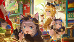 Rule 34 | 4girls, absurdres, aglaea (honkai: star rail), animal, animal ears, animal hood, animal on head, bandaid, bandaid on face, black cat, black gloves, blonde hair, blue eyes, brown dress, cat, cat ears, cat girl, cat hood, cipher (honkai: star rail), cipher (in pursuit of the wind) (honkai: star rail), commentary, cup, dress, english commentary, fang, gem, gloves, green eyes, grey hair, highres, holding, holding bracelet, holding cup, honkai: star rail, honkai (series), hood, indoors, jar, karlhe, laurel crown, multiple girls, official alternate costume, on head, short hair, single glove, skin fang, treasure, white cat