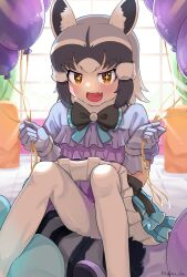 +_+ 1girl animal_ears balloon black_bow black_bowtie blue_bow blue_bowtie blue_dress blue_gloves blush bow bowtie common_raccoon_(kemono_friends) dress fang frilled_dress frilled_gloves frills gloves grey_hair hair_between_eyes highres kedama_(ughugjydthjdf) kemono_friends kemono_friends_3 multicolored_dress multicolored_hair official_alternate_costume open_mouth orange_eyes pantyhose puffy_short_sleeves puffy_sleeves purple_dress raccoon_ears raccoon_girl raccoon_tail short_hair short_sleeves sidelocks sitting smile solo striped_bow striped_bowtie striped_clothes tail two-tone_bow two-tone_bowtie white_bow white_bowtie white_dress white_hair white_pantyhose