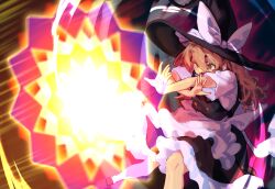 1girl absurdres apron black_hat black_skirt black_vest brown_eyes brown_hair commentary hat highres kirisame_marisa magic shirt short_sleeves skirt solo touhou tuck_(tuck23978434) vest waist_apron white_apron white_shirt witch_hat