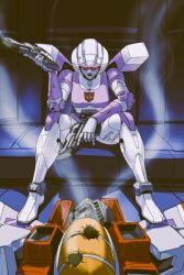 1boy 1girl arcee autobot body_writing decepticon dual_wielding english_text gun holding makoto_ono mecha no_humans robot robot_girl sitting starscream transformers transformers:_generation_1 trigger_discipline weapon