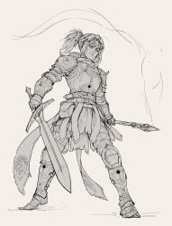 1girl alpyro armor artist_name belt belt_buckle belt_pouch buckle casting_spell commentary cuirass cuisses dragon_print elden_ring english_commentary full_body gauntlets greaves high_ponytail highres holding holding_sword holding_wand holding_weapon legs_apart lineart magic monochrome pauldrons poleyn ponytail pouch rerebrace sabaton scar scar_on_face short_hair shoulder_armor shoulder_spikes solo spiked_armor spiked_pauldrons spikes standing sword tarnished_(elden_ring) wand weapon