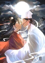 2boys absurdres bishounen black_hair blue_eyes bun_cover chinese_clothes chinese_commentary cloud dao_gui_yi_xian eye_contact face-to-face floating_clothes floating_hair from_side full_moon hair_bun half_updo hanfu hat hat_ribbon highres imminent_kiss jin_(headwear) li_huowang long_hair long_sleeves looking_at_another male_focus moon multiple_boys night night_sky outdoors parted_lips profile red_eyes red_hanfu red_ribbon ribbon robe seal_impression single_hair_bun sky sleeves_past_fingers sleeves_past_wrists smile smoke tree updo upper_body water watermark weibo_watermark white_hanfu white_hat wide_sleeves xinjinjumin9054866 yaoi zhouzi_jin_(headwear) zhuge_yuan