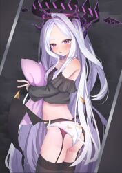 1girl absurdres ahoge ass back black_halo black_thighhighs blue_archive blush breasts demon_girl demon_horns demon_wings halo highres hina_(blue_archive) horns hugging_object long_hair off_shoulder panties pillow pillow_hug purple_eyes small_breasts standing thighhighs thighs toriaki underwear white_hair wings