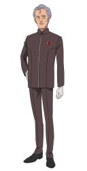 1boy arm_behind_back black_shoes brown_jacket brown_pants dress_shoes full_body gloves grey_hair gundam gundam_gquuuuuux highres jacket looking_at_viewer male_focus mosk_han official_art old old_man pants shoes short_hair simple_background smile solo standing transparent_background white_gloves wrinkled_skin zipper