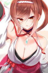 1girl asymmetrical_bangs ayasato_karen breasts cleavage collarbone core_crystal_(xenoblade) from_above glimmer_(xenoblade) hair_between_eyes highres large_breasts long_hair looking_at_viewer open_mouth parted_bangs red_eyes red_hair selfie solo xenoblade_chronicles_(series) xenoblade_chronicles_3 xenoblade_chronicles_3:_future_redeemed