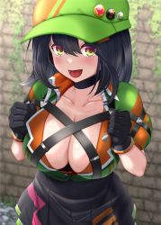 Rule 34 | 1girl, asahoshi mei, black hair, breasts, busou kanojo, cleavage, gloves, hat, highres, large breasts, open mouth, skirt, solo, strelka belca, sweat, virtual youtuber