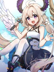 1girl :d ahoge angel_wings aqua_nails bare_arms bare_shoulders blonde_hair blue_sky breasts cloud dress enna_alouette enna_alouette_(1st_costume) feet_out_of_frame floating floating_hair grey_dress hair_between_eyes hair_flaps hair_ornament hands_up head_wings holding holding_microphone knees_together_feet_apart knees_up long_hair looking_at_viewer low_twintails microphone nail_polish nijisanji nnnn open_mouth pantyhose pink_eyes purple_wings shoes single_wing sky sleeveless sleeveless_dress small_breasts smile solo twintails very_long_hair virtual_youtuber white_dress white_pantyhose white_wings wings