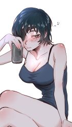 1girl absurdres beer_can black_camisole black_eyes black_hair blush breasts camisole can chainsaw_man cleavage closed_mouth commentary_request crossed_legs drink_can haru_rice highres himeno_(chainsaw_man) holding holding_can large_breasts looking_at_viewer short_hair simple_background solo sweat white_background