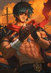 1boy abs ahoge bandaged_arm bandages black_gloves black_jacket blue_eyes blue_hair cigarette cloud cloudy_sky commentary crovius dog_tags evening fire gloves hair_over_one_eye hands_up highres holding holding_lighter jacket jacket_on_shoulders jewelry leather leather_jacket lighter lighter_(zenless_zone_zero) looking_at_viewer male_focus muscular muscular_male navel necklace one_eye_covered outdoors parted_bangs parted_lips pectorals power_lines red_scarf scar scar_on_arm scar_on_chest scar_on_stomach scarf short_hair sky smoke smoking solo spiked_jacket spikes stomach sunglasses symbol-only_commentary torn_clothes torn_scarf utility_pole zenless_zone_zero
