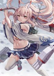 Rule 34 | 1girl, ayanami (azur lane), ayanami (retrofit) (azur lane), azur lane, belt, blonde hair, blue sailor collar, blue skirt, blurry, blurry foreground, breasts, choker, commentary request, crop top, detached sleeves, floating, floating clothes, hair between eyes, headgear, high ponytail, highres, holding, holding sword, holding weapon, long hair, looking at viewer, machinery, midriff, miniskirt, navel, no bra, open mouth, orange eyes, pleated skirt, ponytail, rudder footwear, sailor collar, school uniform, serafuku, ship turret, skindentation, skirt, small breasts, solo, standing, standing on one leg, sugisaki yuu, sword, thighhighs, torpedo tubes, weapon, white belt, white thighhighs, wide sleeves, zettai ryouiki