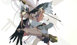 1girl anklet armlet bracelet circe_(fate) facing_to_the_side fate/grand_order fate_(series) feather_hair_ornament feathered_wings feathers foot_out_of_frame gold_hairband gold_necklace gold_shoes gold_thighlet hair_ornament hairband high_heels jewelry long_hair long_pointy_ears long_sidelocks looking_to_the_side miniskirt necklace orange_hair pointing pointing_to_the_side pointy_ears shoes sidelocks skirt smile solo staff touka_(dokoka_me) vest white_skirt white_vest wings