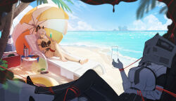 1girl absurdres arm_strap armband bare_shoulders barefoot beach beach_chair beach_umbrella black_choker black_horns black_one-piece_swimsuit black_sandals blue_sky breasts c-eye choker collarbone commentary_request crossed_legs cup curled_horns cutout_above_navel day drinking_glass feet food fruit grey_hair highres holding holding_cup horns imagining knee_up large_breasts long_hair looking_afar looking_to_the_side necktie newspaper ocean one-piece_swimsuit outdoors outline pants paper_stack red_eyes sandals shirt_tucked_in shore sitting sky swim_ring swimsuit thigh_strap thighs toes umbrella unworn_sandals watermelon wuthering_waves zani_(wuthering_waves)