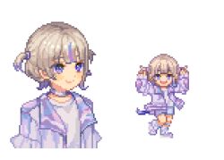 1girl blonde_hair chibi full_body hololive hololive_dev_is jacket lowres multicolored_hair multiple_views pixel_art purple_eyes purple_hair purple_jacket shirt short_hair simple_background smile streaked_hair tengu_nouzu todoroki_hajime transparent_background two-tone_hair two_side_up upper_body virtual_youtuber white_shirt