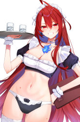 1girl absurdres ahoge alternate_costume aotake_iro asymmetrical_sidelocks black_panties blue_fire blue_hair breasts cleavage colored_inner_hair commentary cropped_shirt earrings elizabeth_rose_bloodflame english_commentary enmaided fire fire_on_chest framed_breasts frilled_shirt frills grin hair_between_eyes hand_on_own_hip highres hololive hololive_english huge_ahoge jewelry large_breasts long_hair looking_at_viewer maid maid_headdress multicolored_hair nail_polish navel no_pants panties puffy_short_sleeves puffy_sleeves red_eyes red_hair red_nails shirt short_sleeves simple_background single_earring smile solo stomach thighhighs tray unconventional_maid underwear very_long_hair virtual_youtuber white_background white_shirt wrist_cuffs