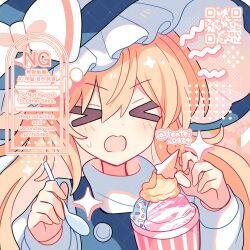 Rule 34 | &gt; &lt;, 1girl, :o, black hat, black vest, blonde hair, blush, bow, commentary, dot nose, frilled hat, frills, hair between eyes, hands up, hat, hat bow, highres, holding, holding spoon, kirisame marisa, long hair, long sleeves, open mouth, portrait, qr code, shirocha tei, shirt, solo, sparkle, spoon, sweatdrop, symbol-only commentary, touhou, turtleneck, turtleneck shirt, twitter username, vest, watermark, white bow, white shirt