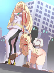 2girls absurdres all_fours animal_ears animal_hands bdsm bitch_taken_for_walk black_pants blonde_hair bondage bound breasts building collar day dog_ears dog_tail dress female_focus femdom gloves green_eyes hectaryecgaa high_heels highres holding holding_leash humiliation leash lillie_(pokemon) lusamine_(pokemon) medium_breasts mother_and_daughter multiple_girls navel nintendo nipples nude open_mouth outdoors pants paw_gloves pet_play petgirl pokemon pokemon_sm public_indecency skyscraper small_breasts standing tail thighhighs two-tone_pants white_dress white_pants white_thighhighs