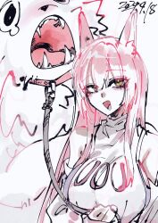 1girl :d animal animal_ear_fluff animal_ears bare_shoulders bibie307 breasts dated detached_sleeves goddess_of_victory:_nikke hair_intakes highres large_breasts leash leona_(nikke) lion long_hair open_mouth pink_hair shirt sideless_shirt sidelocks smile sports_bra timi_(nikke) turtleneck turtleneck_shirt white_shirt yellow_eyes