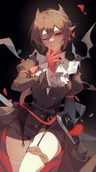 Rule 34 | 1girl, arknights, ascot, black dress, black hair, closed mouth, cowboy shot, dress, earrings, entelechia (arknights), frilled ascot, frills, gloves, hair between eyes, hair horns, hand on own face, hand up, highres, jewelry, jubctybn, juliet sleeves, long sleeves, looking at viewer, mole, mole under eye, one eye closed, pointy ears, puffy sleeves, red eyes, red gloves, short hair, smile, solo, star-shaped pupils, star (symbol), symbol-shaped pupils, thigh strap, white ascot