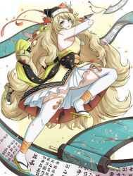 1girl blonde_hair celine_(fire_emblem) celine_(ninja)_(fire_emblem) dress fgsketch fire_emblem fire_emblem_engage fire_emblem_heroes full_body highres leg_up long_hair looking_at_viewer nintendo open_mouth scroll shuriken skirt thighhighs very_long_hair wavy_hair weapon white_skirt white_thighhighs yellow_dress yellow_eyes