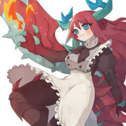 1girl apron asymmetrical_arms blue_eyes breasts brown_dress claws dragon_girl dragon_tail dragon_wings dragonmaid_tinkhec dress duel_monster fire highres kitchen_dragonmaid kokodari large_breasts maid maid_apron red_hair solo tail transformation white_background wings yu-gi-oh!