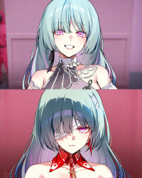 Rule 34 | 1girl, bandage over one eye, bandages, bare shoulders, closed mouth, collar, collarbone, commentary, detached collar, earrings, foxyreine, grey hair, highres, jewelry, long hair, looking at viewer, meme, official alternate costume, one eye covered, phrolova (wuthering waves), pink eyes, purple eyes, red collar, smile, solo, split theme, squid game, wuthering waves, year 1 &amp; year 2 (squid game) (meme)