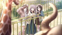 3girls braid brown_hair buttons camera elephant game_cg giraffe glasses grey_hair hat holding idolmaster idolmaster_shiny_colors jacket leaf long_skirt mitsumine_yuika multiple_girls necktie official_art open_mouth ponytail purple_eyes railing scarf skirt smile tsukioka_kogane twintails yukoku_kiriko