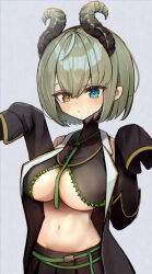1girl between_breasts black_horns black_shirt black_skirt black_sleeves black_vest blue_eyes blush breasts cowboy_shot crop_top curled_horns demon_girl demon_horns detached_sleeves green_hair green_necktie grey_background hashtag-only_commentary heterochromia highres horns looking_at_viewer nanashi_inc. navel necktie necktie_between_breasts open_clothes open_mouth open_vest pleated_skirt pointy_ears sekishiro_mico sekishiro_mico_(1st_costume) shirt short_hair simple_background skirt solo underboob vest virtual_youtuber wasabifu yellow_eyes