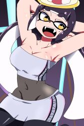 1girl alternate_costume arms_behind_head arms_up breasts callie_(splatoon) callie_(summer_nights)_(splatoon) chicken-rib cleavage hair_ornament large_breasts long_hair mole mole_under_eye navel nintendo official_alternate_costume open_mouth pantyhose skirt solo splatoon_(series) splatoon_3 tentacle_hair tongue yellow_eyes