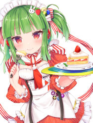 1girl amaimo apron beatmania_(series) beatmania_iidx beatmania_iidx_28_bistrover bemani blunt_bangs blush cake cake_slice commentary_request dress food food-themed_hair_ornament fork green_hair hair_ornament hair_ribbon highres hishimiya_tsugaru holding holding_cake holding_food holding_fork holding_plate icing juliet_sleeves long_sleeves looking_at_viewer maid_headdress official_alternate_costume plate puffy_sleeves rabbit_hair_ornament red_dress red_eyes red_ribbon ribbon simple_background smile solo strawberry_cake strawberry_hair_ornament two_side_up white_apron white_background
