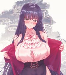 1girl absurdres alvitr_(azur_lane) alvitr_(muspel&#039;s_torrid_secrets)_(azur_lane) arbiter1 ascot azur_lane bare_shoulders black_hair black_skirt blush breasts button_gap glasses highres jacket large_breasts long_hair looking_at_viewer office_lady official_alternate_costume partially_unbuttoned pencil_skirt red_brooch red_eyes red_jacket rimless_eyewear shirt sideboob sideboob_cutout sideless_shirt sitting skirt sleeveless sleeveless_shirt solo thighs underbutt very_long_hair white_ascot white_shirt