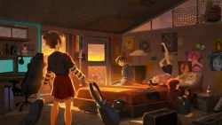 1boy 3girls avatar:_the_last_airbender avatar_legends azula backpack bag bed bedroom black_hair black_shirt braid braided_ponytail brown_eyes brown_hair burn_scar cellphone chair clock computer david_bowie desk desktop_(computing) devin_elle_kurtz digital_clock door flag gaming_chair gen_2_pokemon guitar hair_bun highres hood hood_up hoodie indoors instrument kaname_madoka knife lgbt_pride long_hair long_sleeves lying mahou_shoujo_madoka_magica mai_(avatar) microphone multiple_girls nintendo on_back on_bed phone pillow pokemon pokemon_(creature) poster_(object) rainbow rainbow_flag red_hoodie red_skirt scar scar_on_face shirt short_hair single_hair_bun sitting skirt skull smartphone speaker statue striped_clothes striped_shirt sunlight sunset swivel_chair three-quarter_sleeves togepi ty_lee window zuko