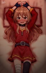 1girl absurdres aisaka_taiga asymmetrical_legwear bandaged_leg bandages belt black_collar black_gloves black_thighhighs blush brown_eyes brown_hair bzogo collar cosplay dress flat_chest full-face_blush gloves highres long_hair looking_at_viewer lying megumin megumin_(cosplay) on_back on_bed open_mouth partially_fingerless_gloves pillow red_dress signature smile solo thighhighs toradora!