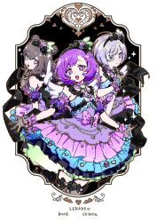 3girls :d bare_shoulders black_bow border bow bow_legwear brown_hair character_name commentary detached_sleeves dot_nose double_bun dress fishnet_gloves fishnet_thighhighs fishnets frilled_cuffs frilled_dress frilled_sleeves frills gloves grey_hair hair_bow hair_bun hand_up heart heart-shaped_pupils highres idol idol_clothes kiratto_pri_chan layered_dress long_hair looking_at_viewer looking_back multiple_girls my_chara_(kiratto_pri_chan) no_pupils open_mouth ornate_border pink_pupils pink_wrist_cuffs pretty_series purple_dress purple_eyes purple_hair short_hair sleeveless sleeveless_dress smile sparkle standing straight_hair symbol-only_commentary symbol-shaped_pupils thighhighs white_background wrist_cuffs yadehi zettai_ryouiki