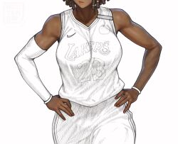 Rule 34 | arm warmers, bare shoulders, breasts, dark-skinned female, dark skin, dreadlocks, eyes out of frame, genderswap, genderswap (mtf), hatching (texture), head out of frame, highres, jersey, large breasts, lebron james, logo, los angeles lakers, muscular, muscular female, nail polish, real life, redteneri, single arm warmer, white arm warmers, wristband