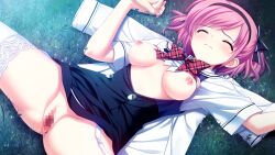 1boy 1girl ^_^ arms_up black_bow black_hairband blood blue_dress blush bow bowtie breasts breasts_out censored closed_eyes closed_mouth clothes_lift collared_shirt defloration dress dutch_angle frilled_bow frills frown fumio_(ura_fmo) furrowed_brow game_cg garter_straps grass grimace grisaia_(series) grisaia_no_kajitsu hair_bow hairband highres holding_hands interlocked_fingers invisible_penis kazami_yuuji komine_sachi lace lace-trimmed_legwear lace_trim lying medium_breasts mihama_private_academy_school_uniform moonlight mosaic_censoring night nipples no_panties non-web_source on_back on_grass out_of_frame outdoors pain parted_bangs partially_unbuttoned partially_undressed pink_hair plaid_bow plaid_bowtie plaid_clothes pov pussy pussy_juice raised_inner_eyebrows sailor_collar school_uniform shirt shirt_under_dress short_hair short_sleeves sidelocks skirt skirt_lift sleeveless sleeveless_dress solo_focus spread_legs spread_pussy swept_bangs tearing_up teeth thick_eyelashes thighhighs thighs two_side_up unworn_shirt upper_teeth_only vaginal wavy_eyebrows wavy_mouth white_sailor_collar white_shirt white_thighhighs wince
