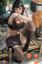 1boy 1girl 2020 artist_name bandaged_leg bandages bare_shoulders belt black_belt black_footwear black_hair black_shorts black_thighhighs breasts cleavage crop_top fishnets holding holding_weapon hyuuga_hinata kunai large_breasts leaf long_hair looking_at_viewer midriff naruto naruto_(series) navel ninja off_shoulder orange_pants out_of_frame pants partially_submerged pouch reflection short_shorts shorts signature sitting solo_focus strap_slip thigh_pouch thigh_strap thighhighs thighs toeless_footwear toes uzumaki_naruto water weapon white_eyes wooden_floor zumi_(zumidraws)