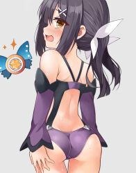 1girl ass back backless_outfit bare_shoulders black_hair blush breasts brown_eyes detached_sleeves fate/kaleid_liner_prisma_illya fate_(series) feather_hair_ornament feathers hair_ornament highres leotard long_hair looking_at_viewer looking_back magical_sapphire miyu_edelfelt miyu_edelfelt_(magical_girl) mochi_(k620803n) open_mouth purple_leotard purple_sleeves sidelocks small_breasts thighs twintails