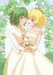 2girls ;) adapted_costume ahoge ando_tazusa antenna_hair arm_around_shoulder ascot assault_lily bare_shoulders blonde_hair blue_sky blush bouquet bride cheek-to-cheek closed_mouth cloud collarbone collared_shirt commentary_request cowboy_shot day dress elbow_gloves eye_contact falling_feathers feathers flower formal_clothes gloves green_eyes green_hair hair_flower hair_ornament hand_on_another&#039;s_shoulder hand_on_another&#039;s_waist hands_up heads_together highres holding holding_bouquet jacket looking_at_another marukame_ten multiple_girls one_eye_closed open_clothes open_jacket orange_ascot orange_flower outdoors pant_suit pants parted_lips pink_flower ponytail ribbon shirt short_hair sky smile standing strapless strapless_dress suit two_side_up wedding_dress white_dress white_flower white_gloves white_jacket white_pants white_shirt white_suit yellow_flower yellow_ribbon yoshimura_thi_mai yuri