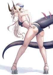 Rule 34 | 1girl, absurdres, arknights, ass, bare shoulders, bikini, black bra, blonde hair, blue bow, blue bowtie, blush, bow, bowtie, bra, breasts, brown horns, denim, dragon, dragon girl, dragon horns, dragon tail, green eyes, high heels, highres, horns, long hair, long legs, long tail, looking at viewer, monster girl, mumi daohu, open mouth, pants, parted lips, reed (arknights), sandals, single horn, sweat, swimsuit, tail, underwear, variant set, very long hair, white background